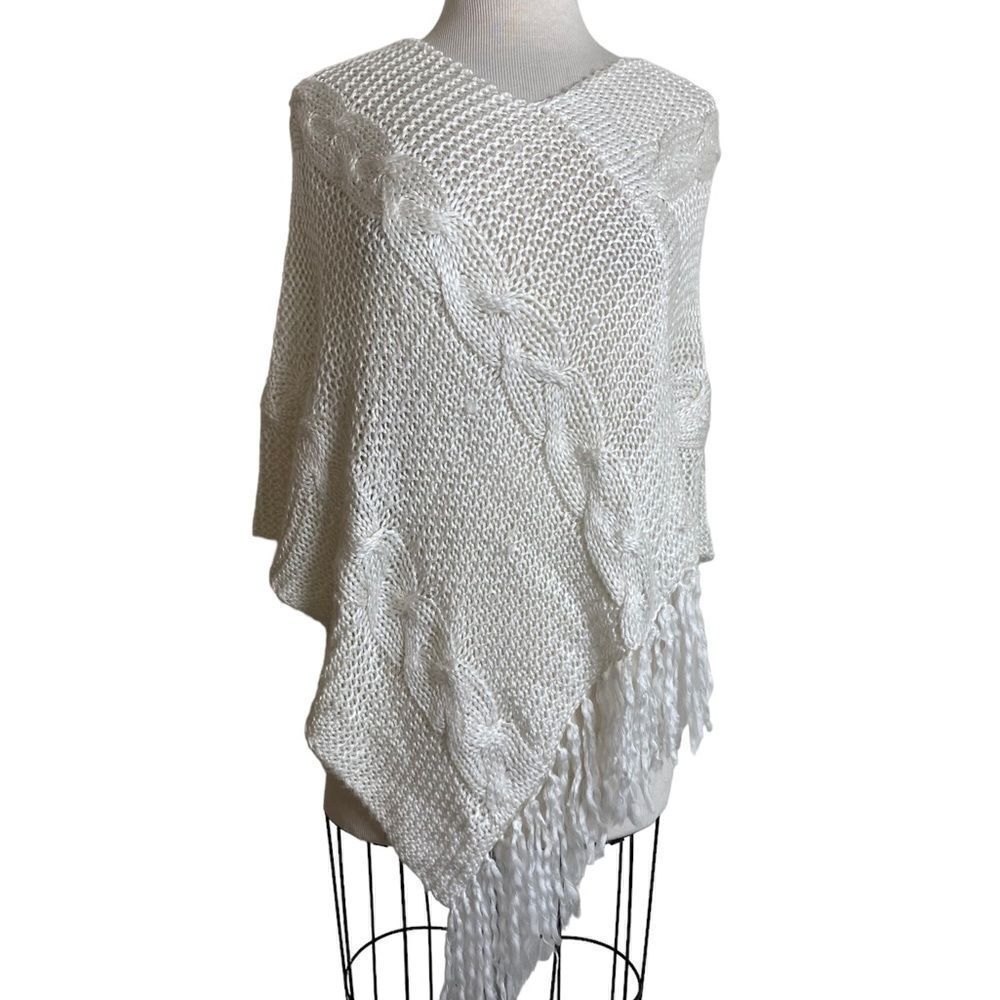 XOXO knit Ivory sweater poncho wrap with fringe loose knit cover up